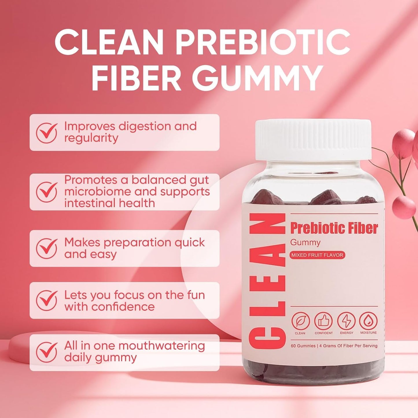 6525080 Clean Prebiotic Fiber Gummy, Clean Fiber Gummies for Men, Men Prebiotic Supplement for Digestive Gut Health, Non-GMO, 60 Gummies - Maple Wellness Supplements
