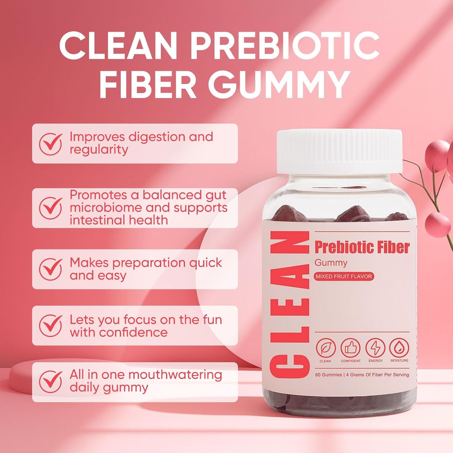 6525080 Clean Prebiotic Fiber Gummy, Clean Fiber Gummies for Men, Men Prebiotic Supplement for Digestive Gut Health, Non-GMO, 60 Gummies - Maple Wellness Supplements