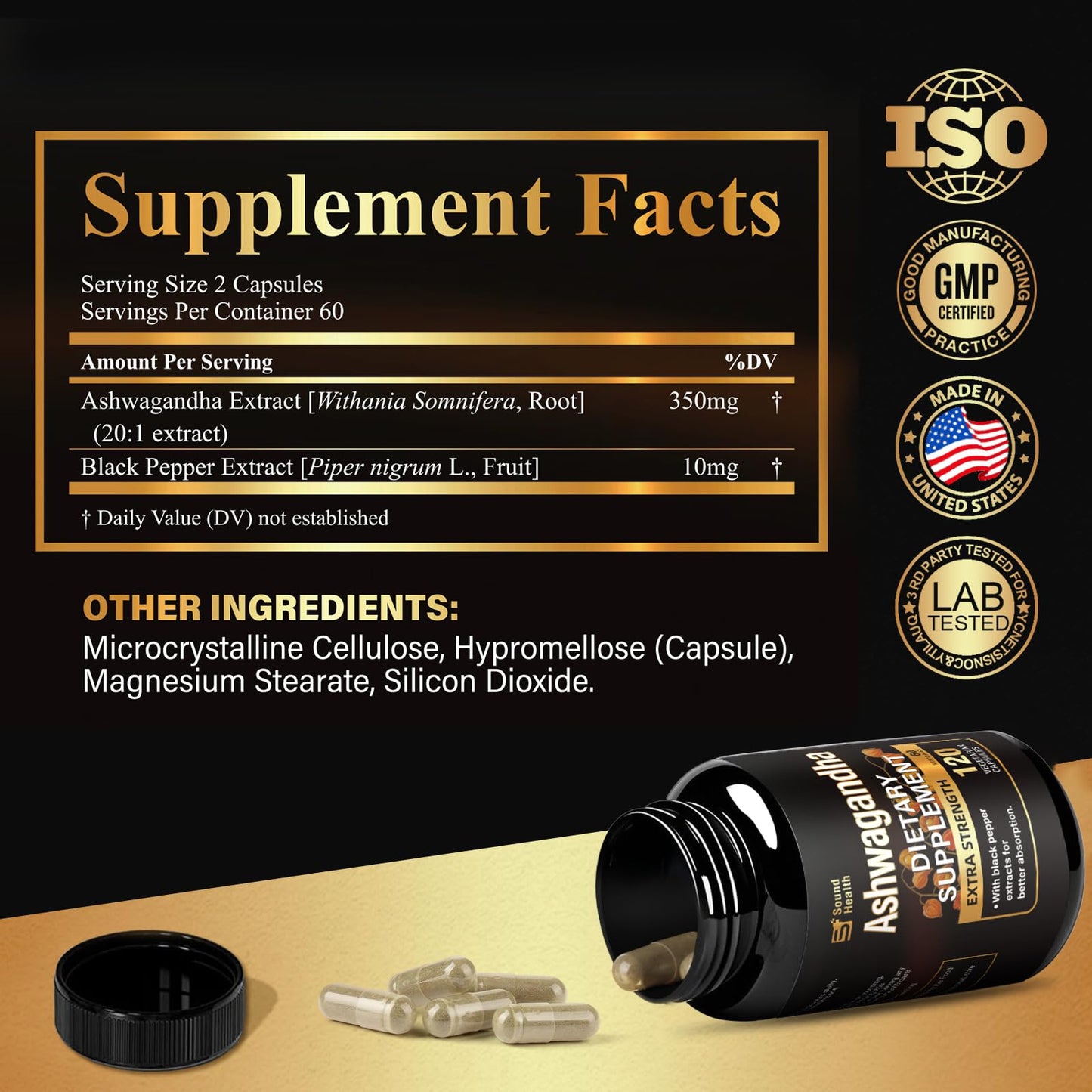 7000mg Ashwagandha Supplements Powder (20:1 Root Extract), 120 Organic Ashwagandha Capsules for Women & Men, Black Pepper & BioPerine for Absorption, Non GMO, Third-Party Tested, Gluten Free - Maple Wellness Supplements