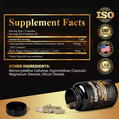 7000mg Ashwagandha Supplements Powder (20:1 Root Extract), 120 Organic Ashwagandha Capsules for Women & Men, Black Pepper & BioPerine for Absorption, Non GMO, Third-Party Tested, Gluten Free - Maple Wellness Supplements