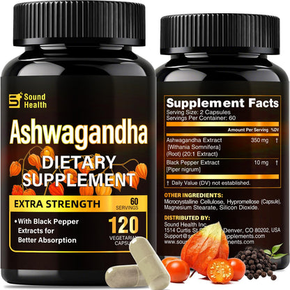 7000mg Ashwagandha Supplements Powder (20:1 Root Extract), 120 Organic Ashwagandha Capsules for Women & Men, Black Pepper & BioPerine for Absorption, Non GMO, Third-Party Tested, Gluten Free - Maple Wellness Supplements