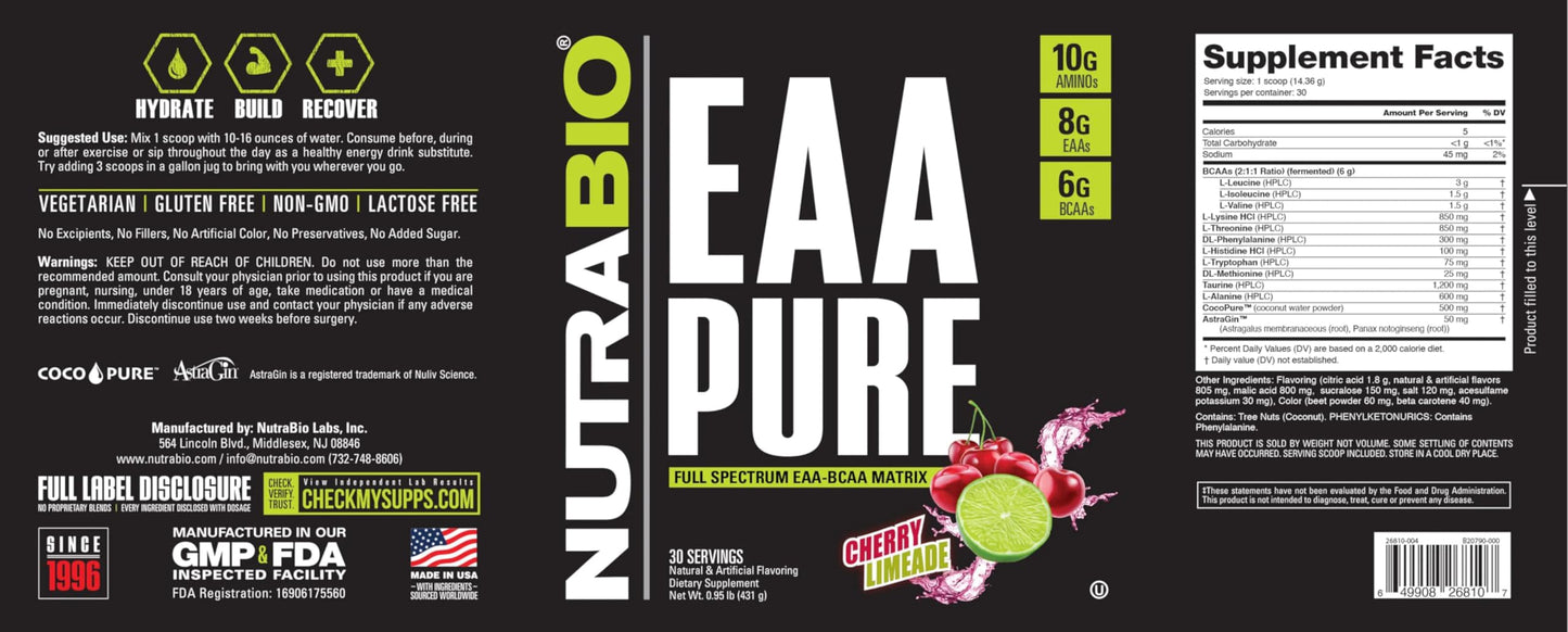 NutraBio – EAA Pure – 9 Amino Acids – Muscle Repair and Recovery, 30 Servings, Cherry Limeade – Pre or Post Workout – All Day Recovery NutraBioBuy Supplements Australia