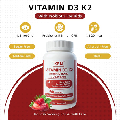 KEN Vitamin D3 K2 with Probiotic for Kids, Sugar-Free Gummies for Calcium Absorption, Bone Support, 5 Billion CFU Probiotics for Gut Balance and Immune Function KEN