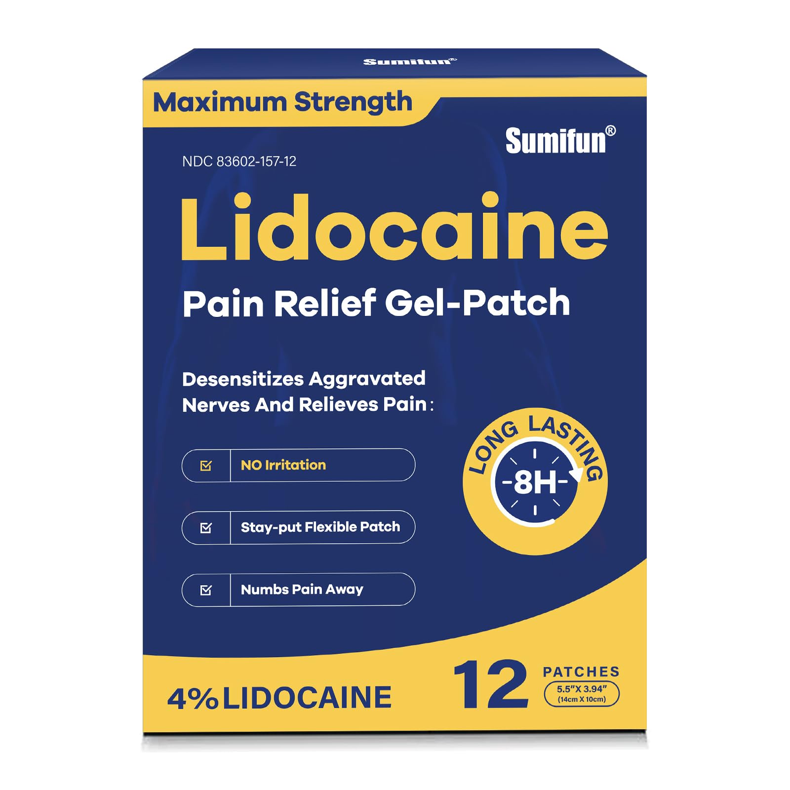 Sumifun 4% Lidocaine Patches Maximum Strength - 12 Count Pain Relieving Gel Patch for Muscle Soreness, Back Ache, Knee, Neck & Joint Pains - Topical Analgesic (Large, Count, 12) SumifunBuy Supplements Australia