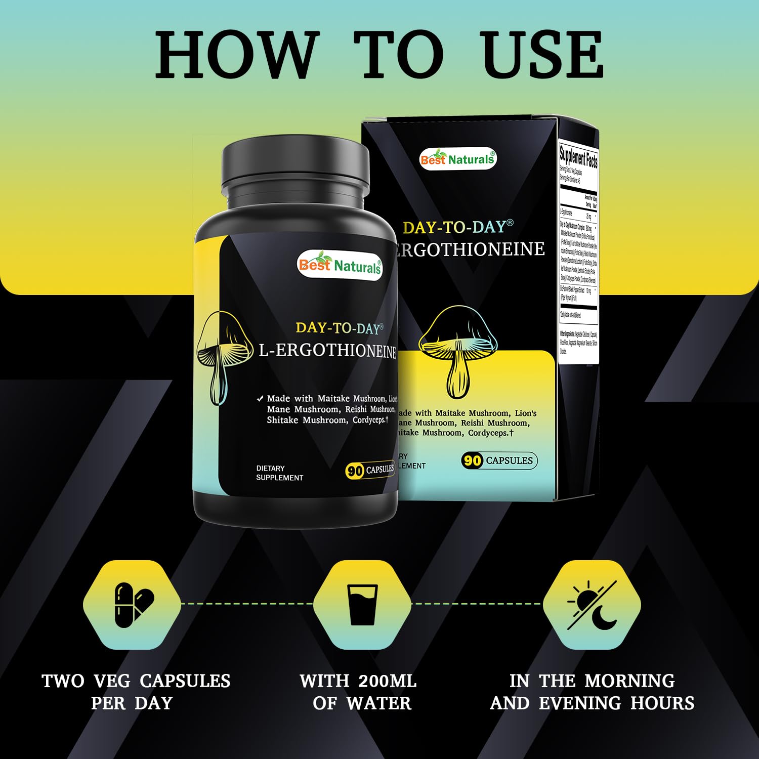 Best Naturals Day-to-Day L-Ergothioneine 25 mg with Maitake Mushrom, Lion's Mane Mushroom, Reishi Mushroom 90 Capsules Best NaturalsBuy Supplements Australia
