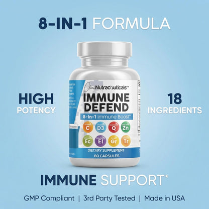 Clean Nutraceuticals Immune Defense Support Supplement 8 in 1 with Zinc 50mg Quercetin, VIT C 1000mg, Vitamin D3 5000 IU, Elderberry, Ginger
