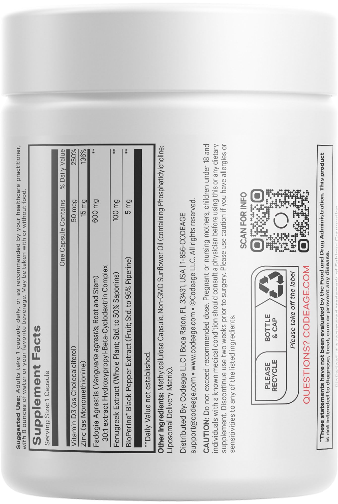 Codeage Liposomal Fadogia Agrestis 600mg Supplement - Fadogia Agrestis 30:1 Extract, Vitamin D3, Zinc, Fenugreek, BioPerine Black Pepper - 2-Month Supply - Liposomal Delivery - Non-GMO, 60 Capsules CodeageBuy Supplements Australia