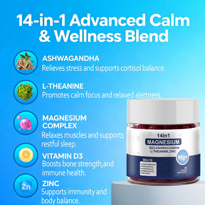 Magnesium Complex Gummies for Women & Men, Calm Magnesium Gummies for Women & Men, 14-in-1 with Ashwagandha, L-Theanine, Vitamin D3 & Zinc, 60 Count (1) UYPOBuy Supplements Australia