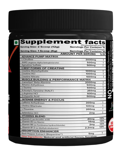 NutriJa Weapon-X Pre-Workout Powder with 21 Active Ingredients - 3 Best Forms of Creatine, AAKG, Beta-Alanine, Caffeinated | Pumps, Viens Popping, Energy, Focus & Strength (30 Servings (Mango))