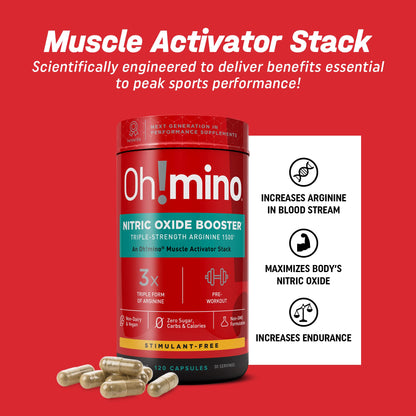 Oh!mino Nitric Oxide Supplement Activator Booster, Triple Strength L-Arginine for Energy, Endurance, Muscle Growth Builder, Pre Post Workout Pills - Natural Beet Root Powder, 30 Servings 120 Capsules