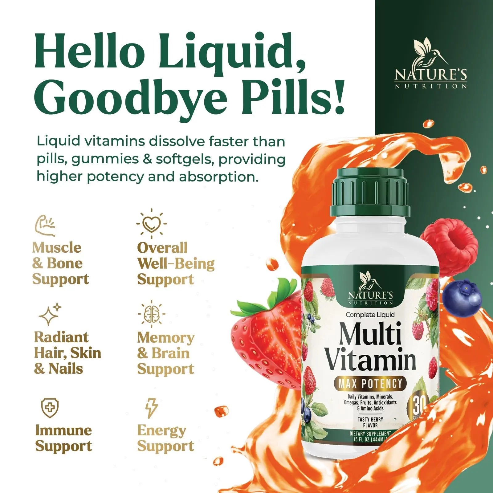 Liquid Multivitamin - Sugar Free Daily Multi Vitamin for Women, Men & Kids, Vitamins A, C, D, B-12, Biotin & Zinc - Supports Faster Hair Growth Nature's Nutrition
