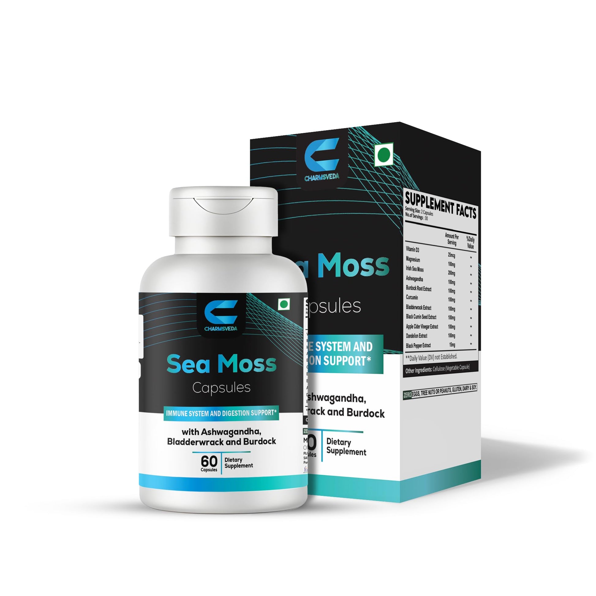 CHARMSVEDA Sea Moss Capsules with Ashwagandha, Bladderwrack & Burdock – Overall Wellness & Immune Support, Support Digestive & Gut Health* – 60 Vegan Capsules CHARMSVEDABuy Supplements Australia