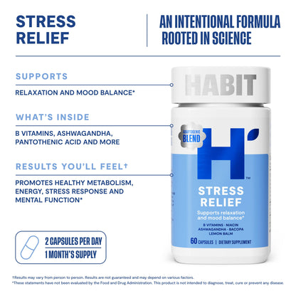 Habit Stress Relief Supplement (60 Capsules) - New Look, Supports Relaxation & Mood Balance, Vitamin B, Adaptogens, Lemon Balm, Calming, Vegan, Non-GMO (1 Pack) H' HabitBuy Supplements Australia