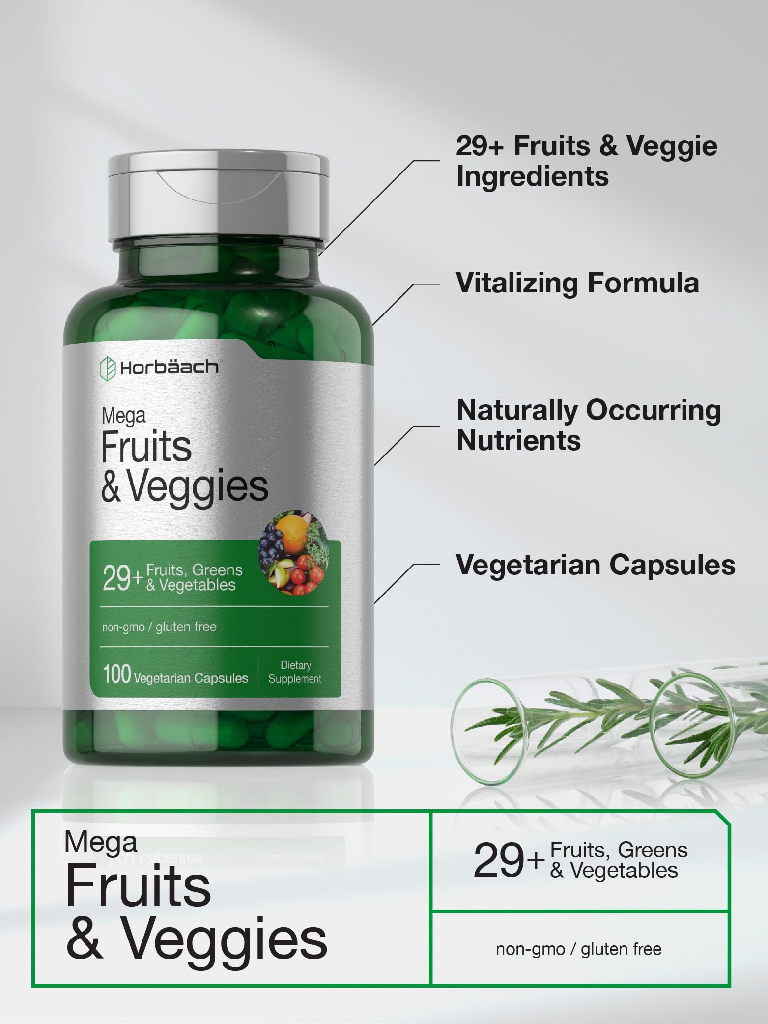 Horbäach Mega Fruits and Veggies Supplement | 100 Capsules | Vegetarian, Non-GMO and Gluten Free HorbäachBuy Supplements Australia
