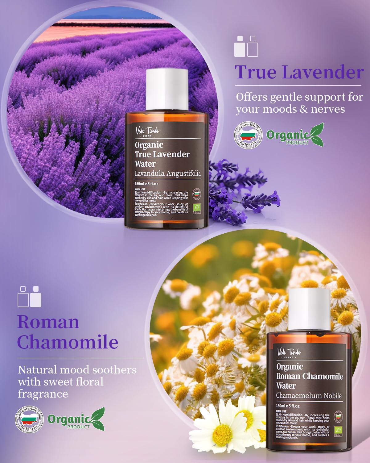 VTS Organic Lavender Water and Roman Chamomile Floral Water with Diffuser, Aromatherapy Air VEDA TINDA SCENTBuy Supplements Australia