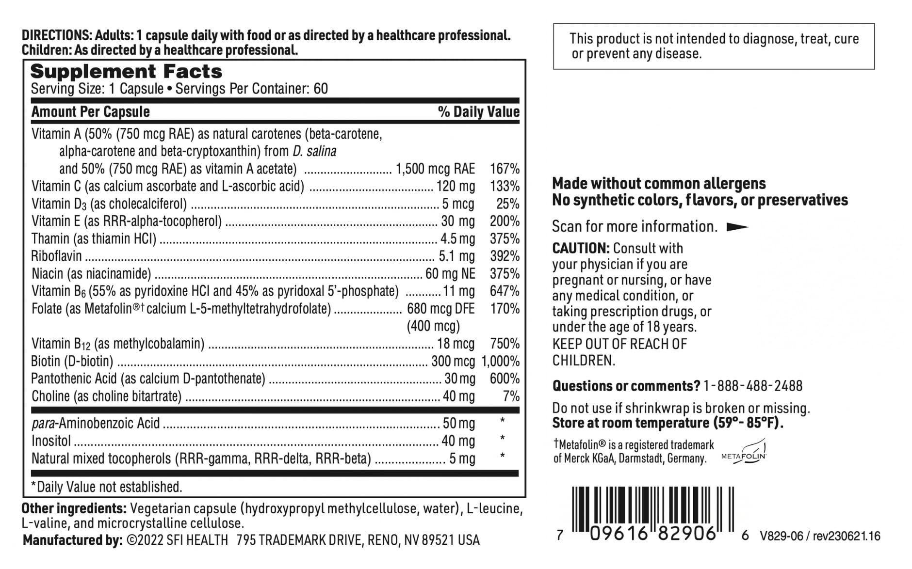 SFI Health Klaire Labs Multi-Vitamin Complex - Hypoallergenic Once-Daily Mineral-Free Multivitamin with Metafolin Folate SFI HealthBuy Supplements Australia
