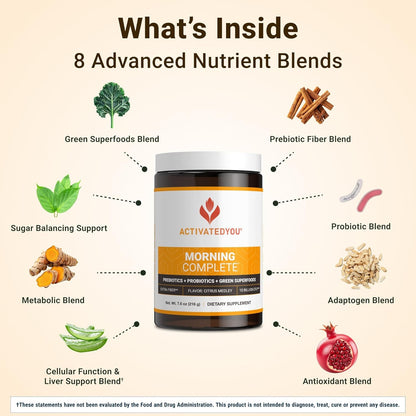 ACTIVATEDYOU Morning Complete Daily Wellness Greens Superfood Drink Mix for Gut Health w/Prebiotics, Probiotics, Antioxidants, Green Superfoods, 10 Billion CFUs (3 Pack, Citrus Medley) ACTIVATEDYOUBuy Supplements Australia