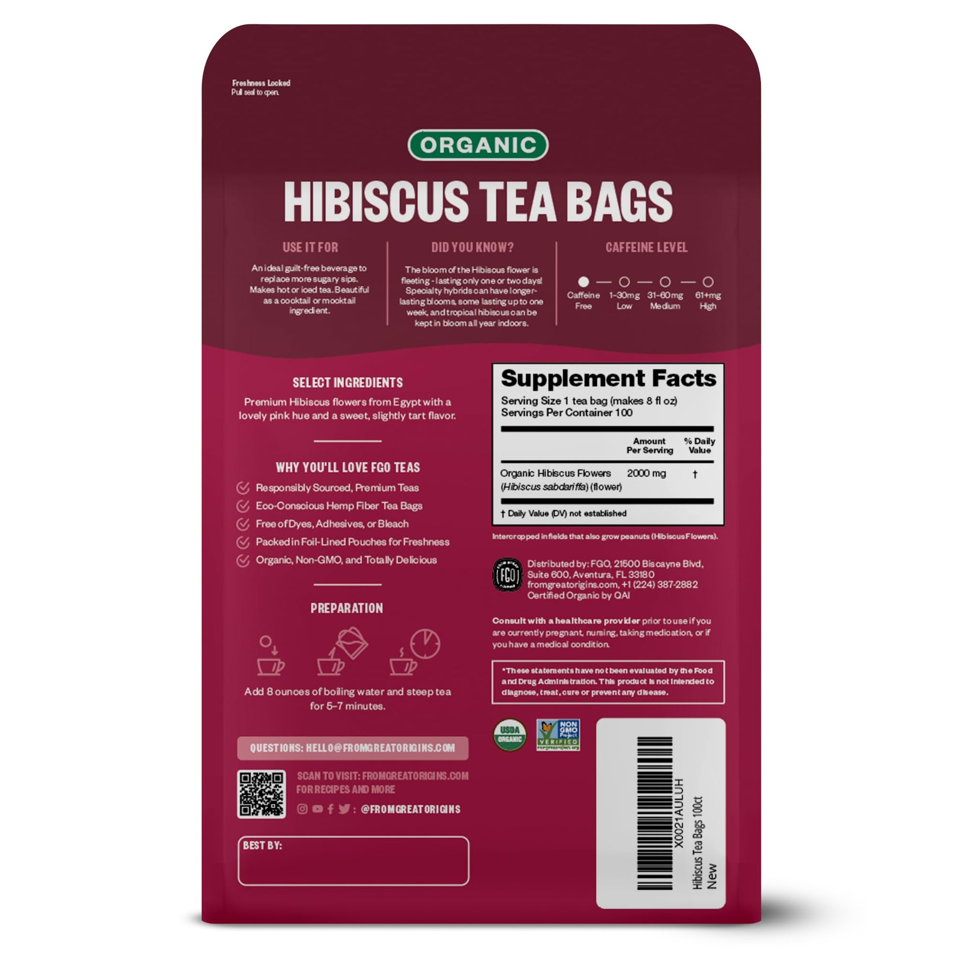 FGO Organic Hibiscus Tea, Eco-Conscious Tea Bags, 100 Count, Packaging May Vary FGOBuy Supplements Australia