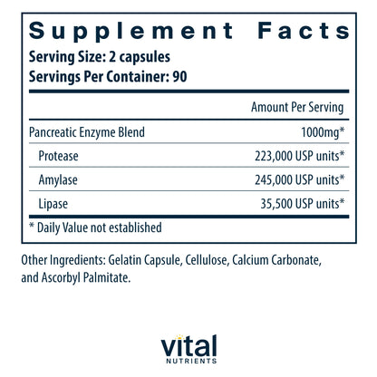 Vital Nutrients Pancreatic Enzymes 1000mg (Full Strength) | Pancreatin Digestion Supple Vital NutrientsBuy Supplements Australia