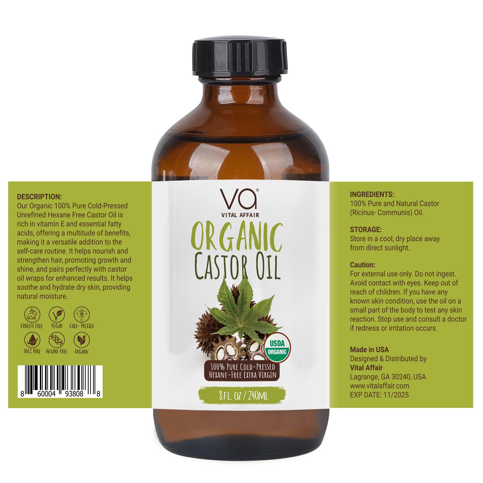 VITAL AFFAIR Castor Oil Organic Cold Pressed Unrefined Glass Bottle- USDA Certified Organic Castor Oil VITAL AFFAIRBuy Supplements Australia