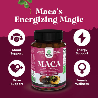 Maca Root Capsules for Women - Potent Herbal Supplement with Female Enhancing Blend of Red Yellow & Black Maca Root - Non-GMO Certified Vegan and Gluten-Free with No Artificial Colors - 30 Count Natures CraftBuy Supplements Australia