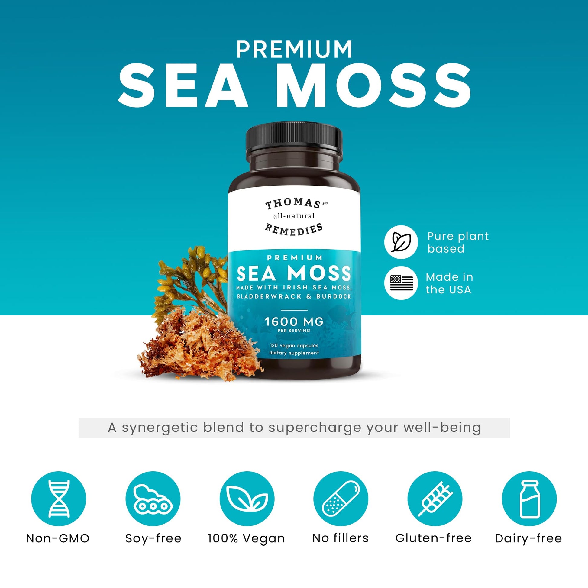 Thomas' all-natural Remedies Irish Sea Moss Capsules, Sea Moss with Bladderwrack & Burdock Root Organic for Gut Health, Digestion, Energy & Immune Support, 120 Seamoss Pills Thomas' all-natural RemediesBuy Supplements Australia