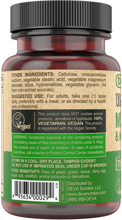 DEVA Vegan Multivitamin for Women & Men with Iron, Vitamin C, E, B Complex Vitamins, Zinc, 90 Tiny Tablets