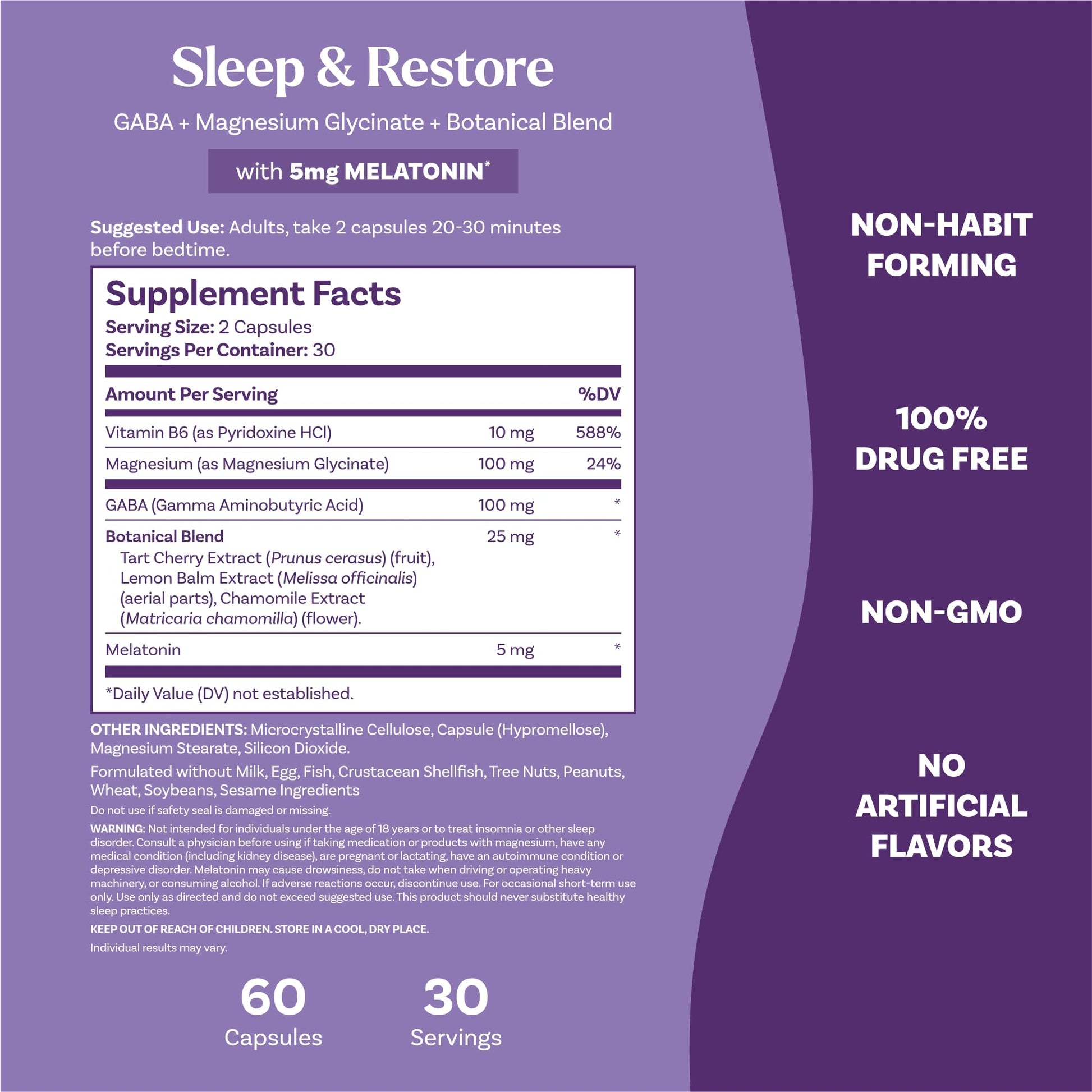Natrol Sleep & Restore Capsules - Calm Magnesium Glycinate, Magnesium Sleep Aid with GABA, Melatonin 5mg, Botanical Blend, 30 Day Supply NatrolBuy Supplements Australia