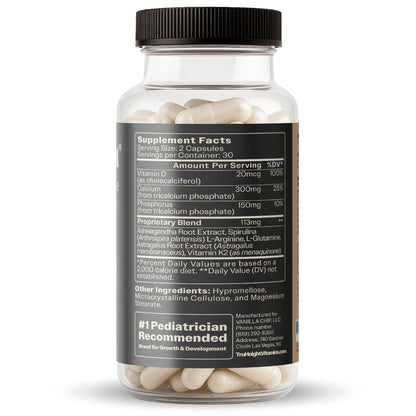TruHeight Growth Capsules - Tall Nutrition for Natural Growth Supplement for Kids & Teens - Pediatric Vitamin D, K, Calcium & Ashwagandha - Bone Strength