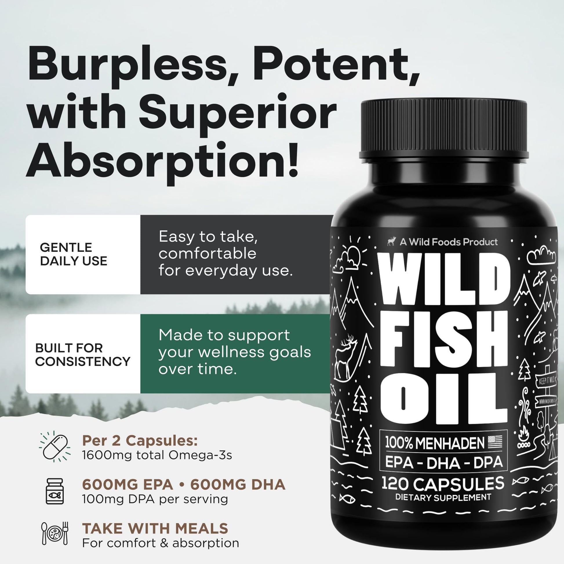 Wild Foods Omega 3 Fish Oil Supplement, 120 Capsules (1 pk) | Wild Caught, Burpless, Odorless, Non-GMO, Gluten Free | DPA, DHA, EPA Triple Strength Heart & Joint Nutrition for Women & Men Wild FoodsBuy Supplements Australia