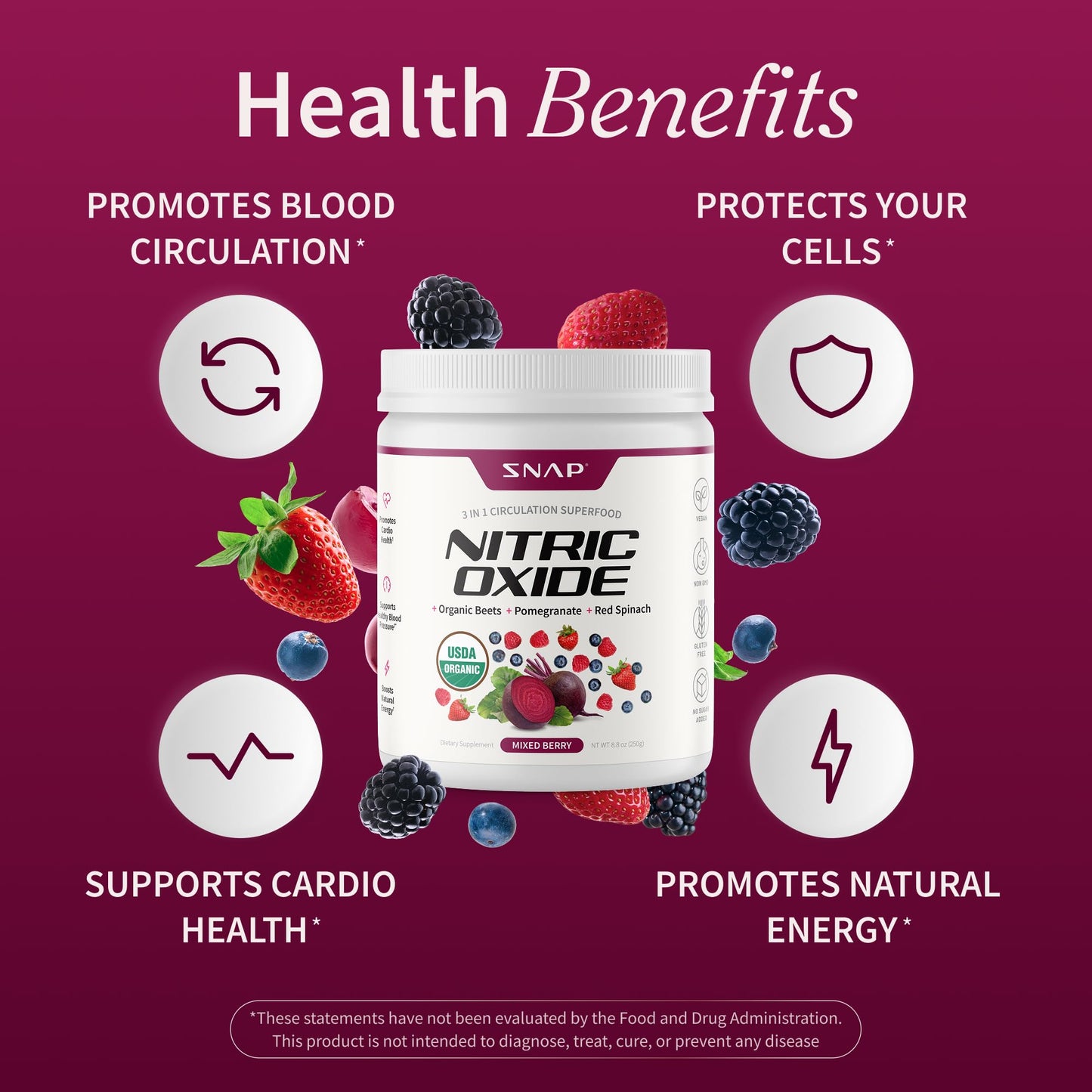Snap Supplements Organic Beet Root Powder Nitric Oxide Supplement for Men & Women, Red Spinach & Pomegranate, Supports Healthy Energy & Blood Pressure Already in Normal Range, 30 Servings, Mixed Berry Snap SupplementsBuy Supplements Australia