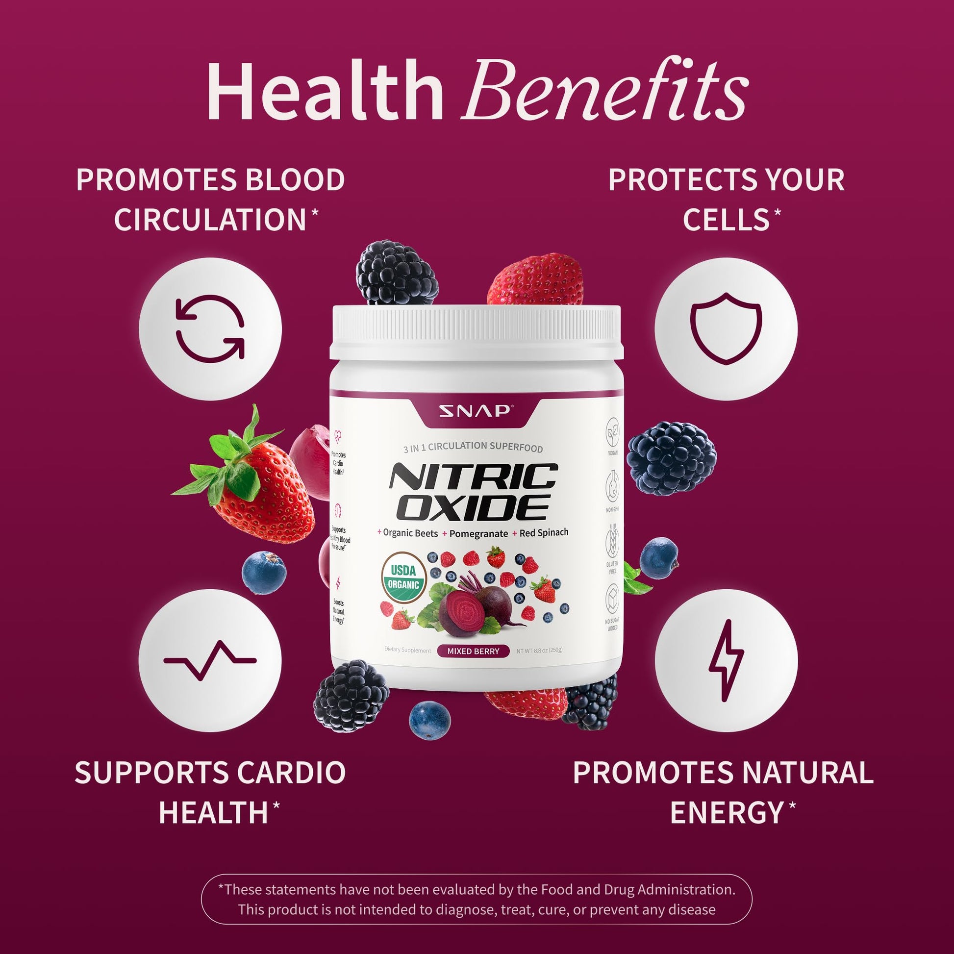 Snap Supplements Organic Beet Root Powder Nitric Oxide Supplement for Men & Women, Red Spinach & Pomegranate, Supports Healthy Energy & Blood Pressure Already in Normal Range, 30 Servings, Mixed Berry Snap SupplementsBuy Supplements Australia