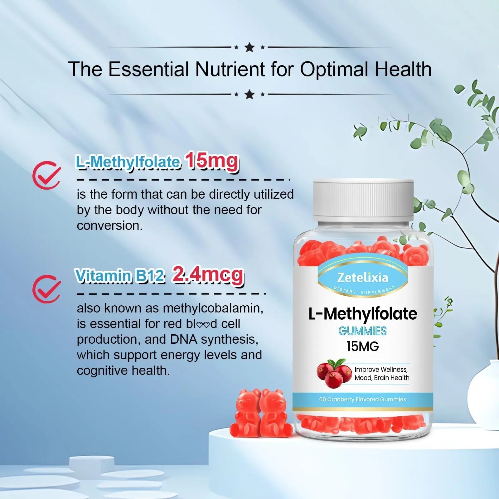Zetelixia 2 Pack L-Methylfolate 15mg & Methyl B12 Gummies, Folate Supplement for Brain Health, Mood & Immunity, DNA Synthesis & Repair ZetelixiaBuy Supplements Australia
