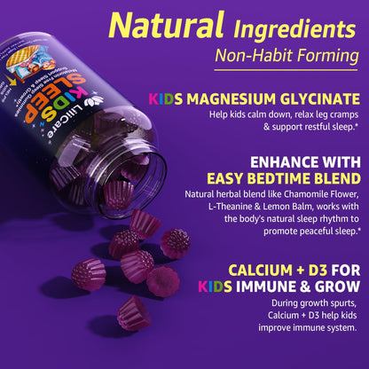 Kids Sleep Gummies - Magnesium Glycinate Gummies, Melatonin Free Sleep Aid | Magnesium, Calcium, D3, B6, L Theanine