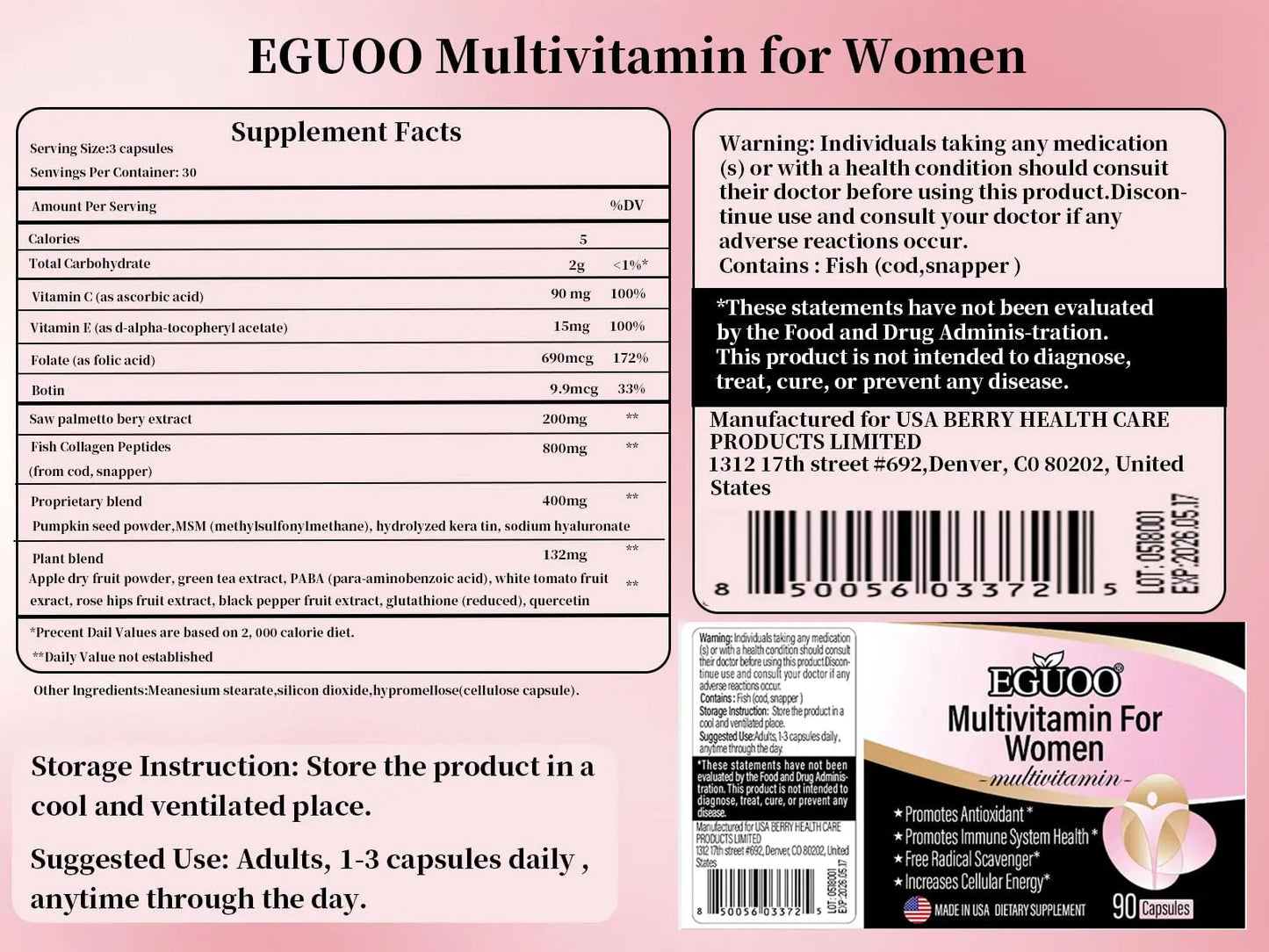 EGUOO Women’s Multivitamin 90 Capsules - Vitamin C, E, Biotin & Folic Acid for Energy, Immune Support, Brain, Heart, Eye & Bone Health EGUOOBuy Supplements Australia