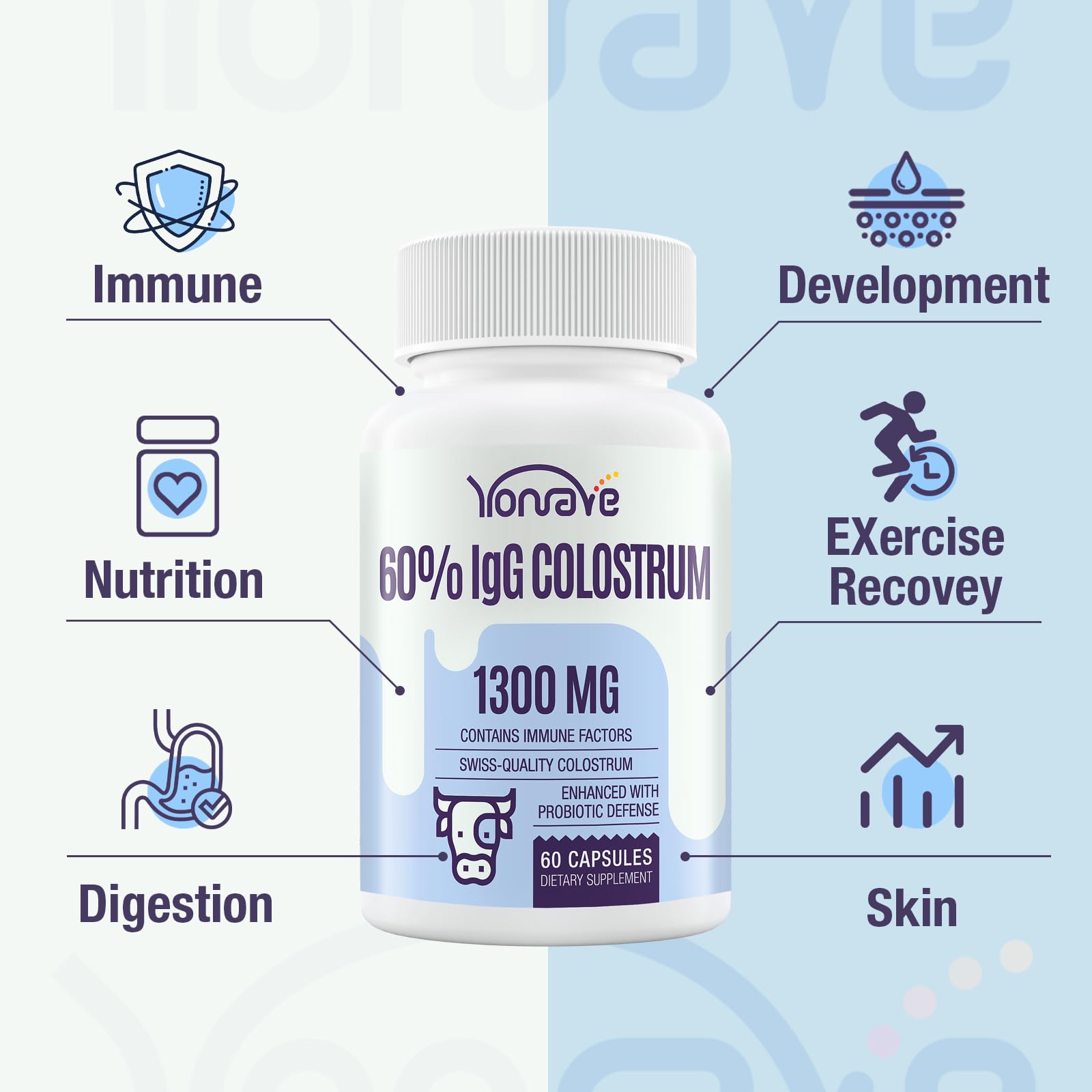 Yonrave Bovine Colostrum Capsules Supplement 1300mg - Extra High 60% IgG Bovine Colostrum - Gut, Bone, Exercise, Immune - 60 Capsules YonraveBuy Supplements Australia
