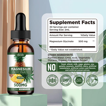 Magnesium Glycinate Supplement, Liquid Magnesium Glycinate Liquid Drops 500mg-Support Stress Relief, Relaxation, Mood, Sleep, Bone & Muscle-2 Fl Oz, Vegan, Pineapple Flavor dilibBuy Supplements Australia