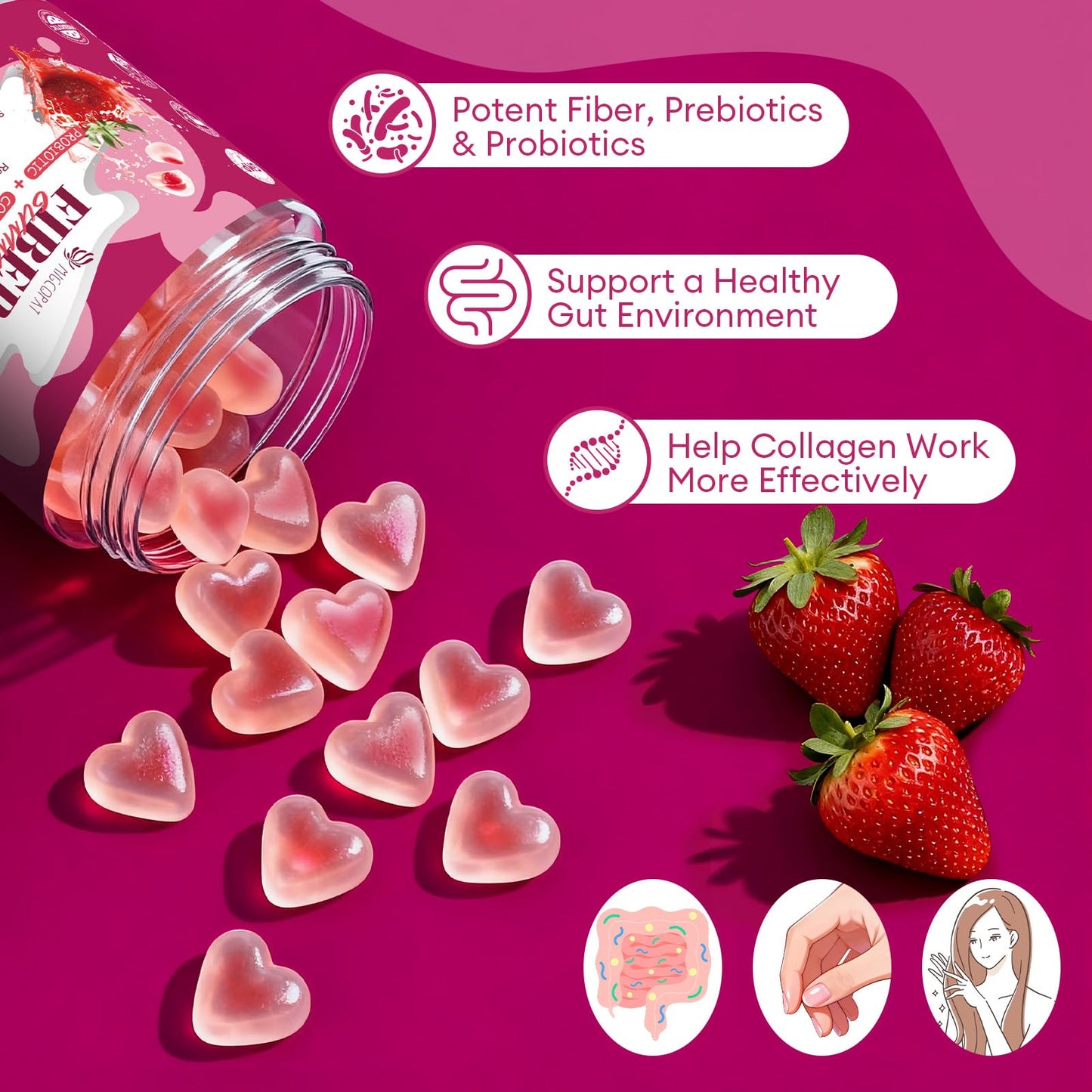 Migcopat 10G Fiber Gummies with Collagen Peptides, Hyaluronic Acid, Vitamin C, ACV, 30 Billion CFU Probiotics – Sugar Free Collagen Gummy for Skin, Hair & Nails