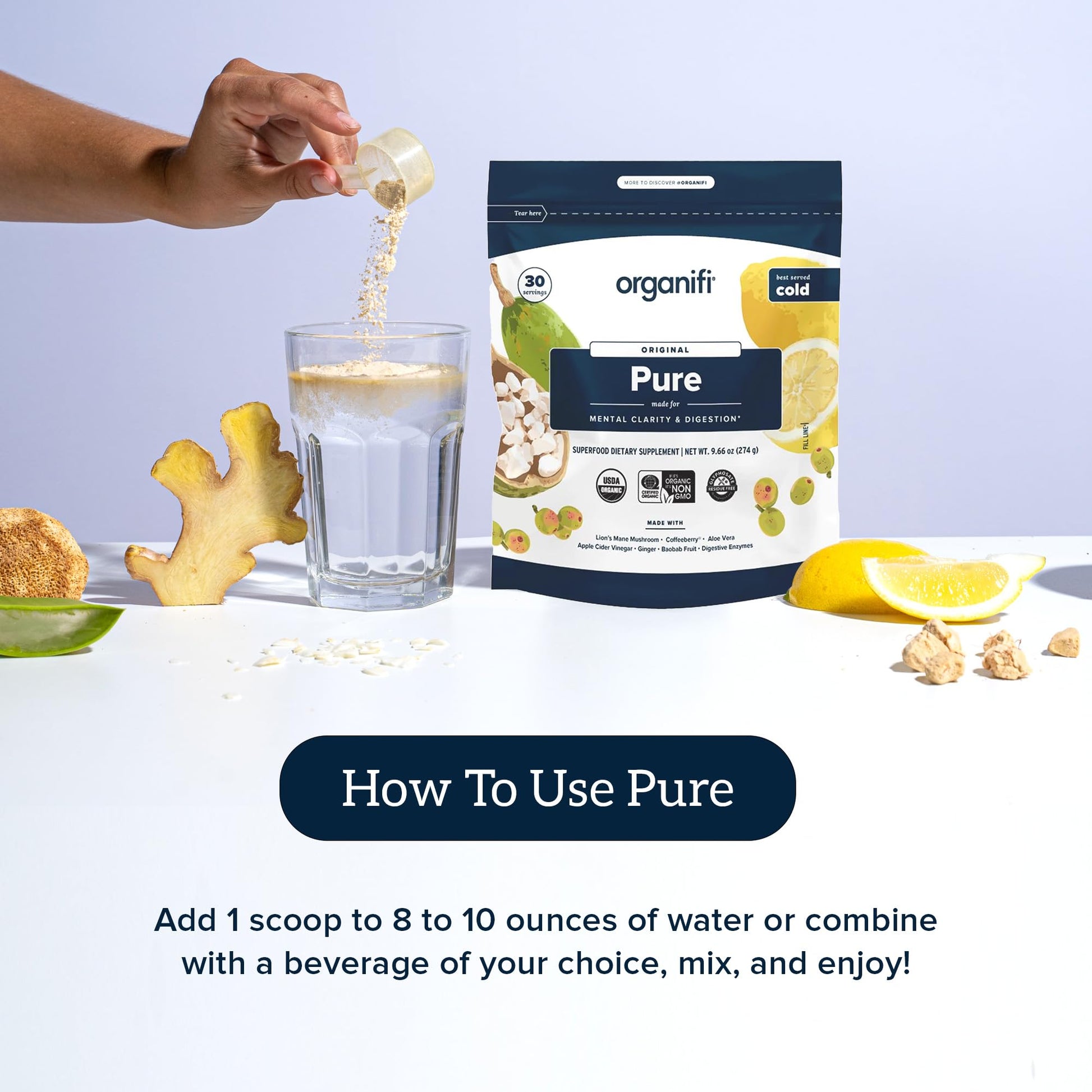 Organifi Pure - Promotes Stimulation in Learning, Memory, Focus, and Clarity - Brain Support with Superfoods - Gluten-Free and Non GMO - Best Served Cold, 30 Servings OrganifiBuy Supplements Australia