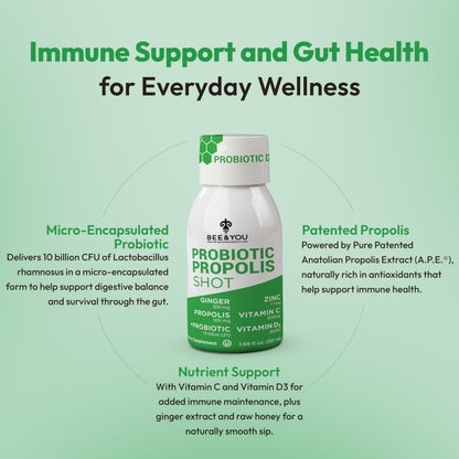 Bee and You Propolis Immune Shot, Probiotic, Vitamin C, Vitamin D3, Zinc, Ginger, Immune Support, Gut Health, Digestive Health, Bioactive 1.69 Fl. oz, 12 Pack BEE & YOUBuy Supplements Australia