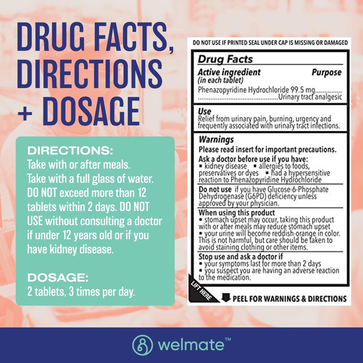 WELMATE Urinary Pain UTI Relief Maximum Strength (Phenazopyridine HCL) - Improve Urinary Tract Health & Bladder Control, Urgency, & Discomfort | Over-The-Counter Medication for Men & Women (120 Pills) WELMATEBuy Supplements Australia