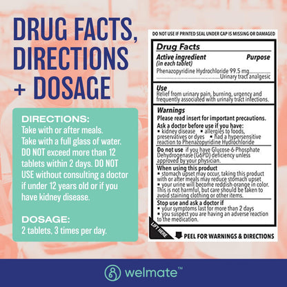 WELMATE Urinary Pain UTI Relief Maximum Strength (Phenazopyridine HCL) - Improve Urinary Tract Health & Bladder Control, Urgency, & Discomfort | Over-The-Counter Medication for Men & Women (120 Pills) WELMATEBuy Supplements Australia
