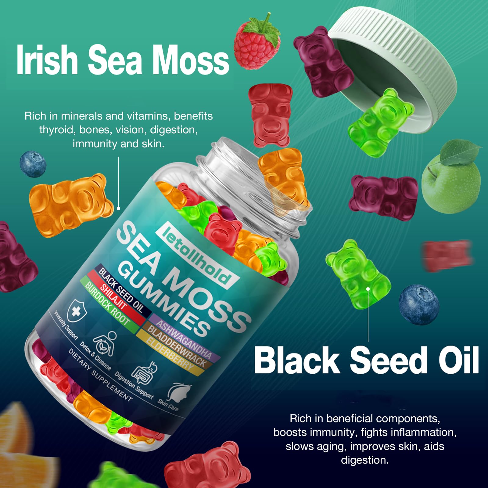 Sea Moss Gummies - Irish Sea Moss Gummies Advanced for Adults with Ashwagandha Bladderwrack & Burdock Root for Supports Immune，Energy - 60 Vegan Gummy,5PCS letollholdBuy Supplements Australia