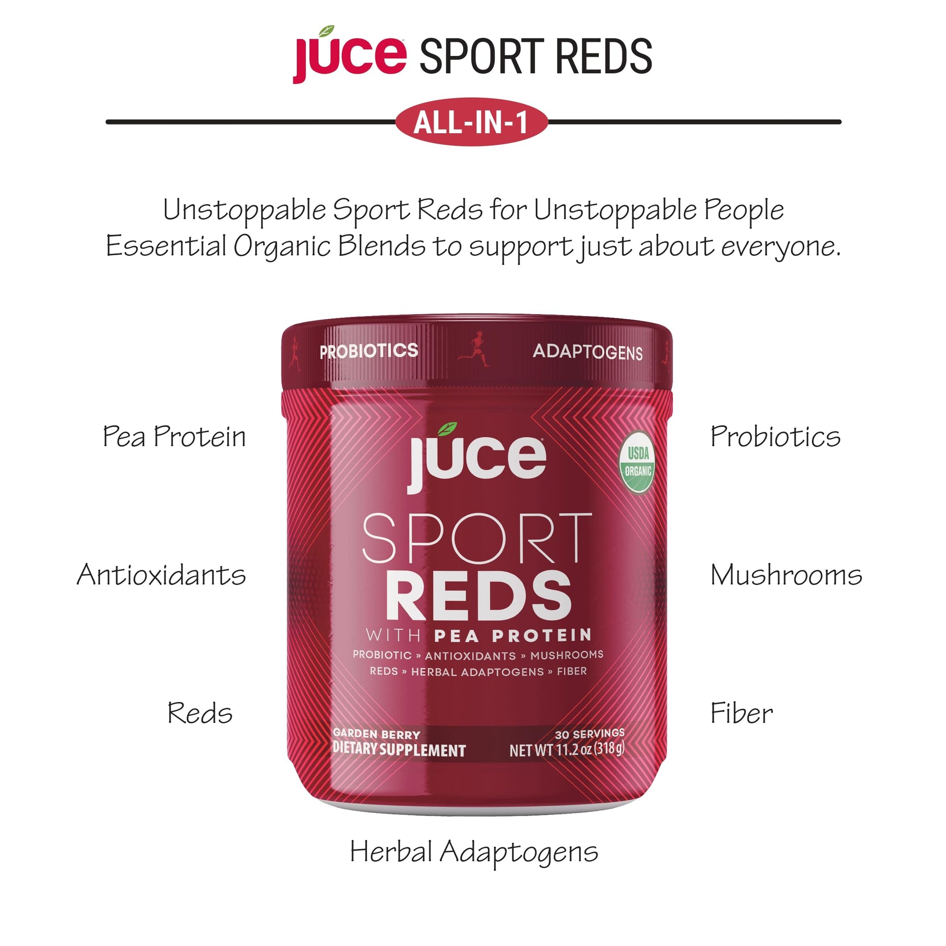 Terra Kai Organics Juce SR7 Sport Reds Organic Fruit & Veggies w/Pea Protein | 43 Superfoods, Antioxidants, Mushrooms, Beets, Herbal Adaptogens, Probiotic, Fiber, Garden Berry Flavor (30 Servings) Terra Kai OrganicsBuy Supplements Australia