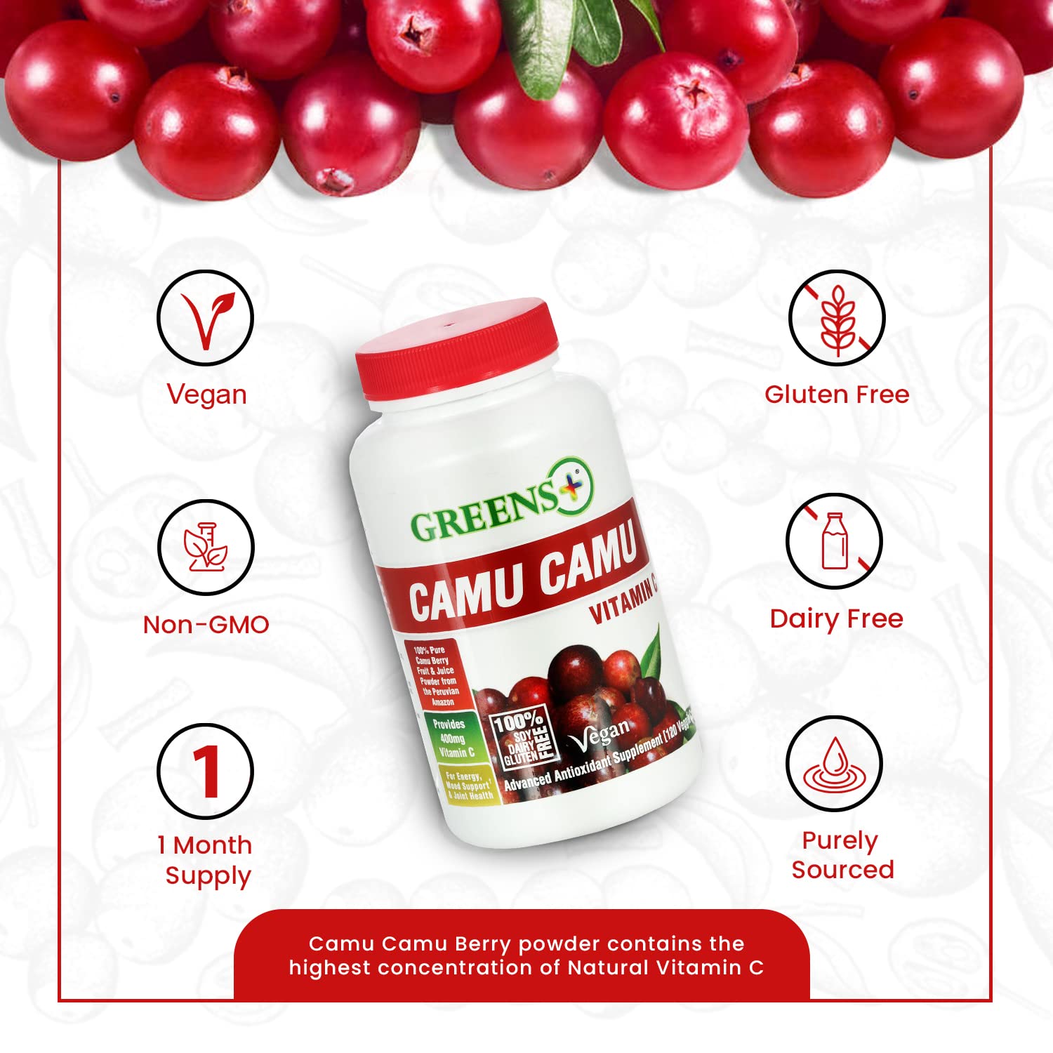 Greens+ Organic Reds Superfood Powder Camu Camu Dietary 400mg Vitamin C SuperFruit Supplement 120 Capsules, 100% Natural, Vitamins & Minerals, Vegan, Soy/Dairy/Gluten Free Greens+Buy Supplements Australia