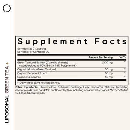Codeage Liposomal Green Tea+ EGCG 50% Green Tea Extract, Organic Matcha Green Powder, Peppermint Leaf, Lemon Peel, Liposomal Delivery - Vegan Pils Supplement - Non-GMO - 60 Capsules CodeageBuy Supplements Australia