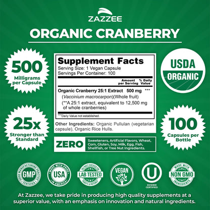 Zazzee USDA Organic Cranberry 25:1 Extract, 500 mg per Capsule, 100 Vegan Capsules, 3+ Month Supply, Certified Kosher, Vaccinium Macrocarpon, Urinary Tract & Bladder Support