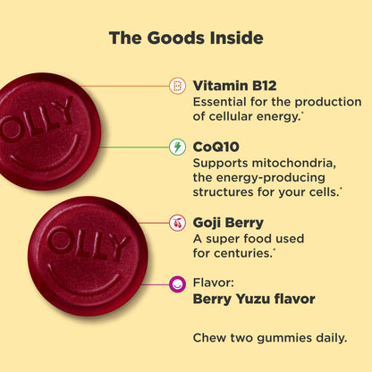 OLLY Extra Strength Daily Energy Gummy, Caffeine Free, 1000mcg Vitamin B12, CoQ10, Goji Berry, Adult Chewable Supplement