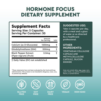 Hormone Focus – Estrogen Balance for Women - DIM Supplement with Diindolylmethane, Calcium D-Glucarate & BioPerine – Supports Hormonal Health, Mood, Energy, Mental Clarity, Clear Skin & Weight Health FocusedBuy Supplements Australia