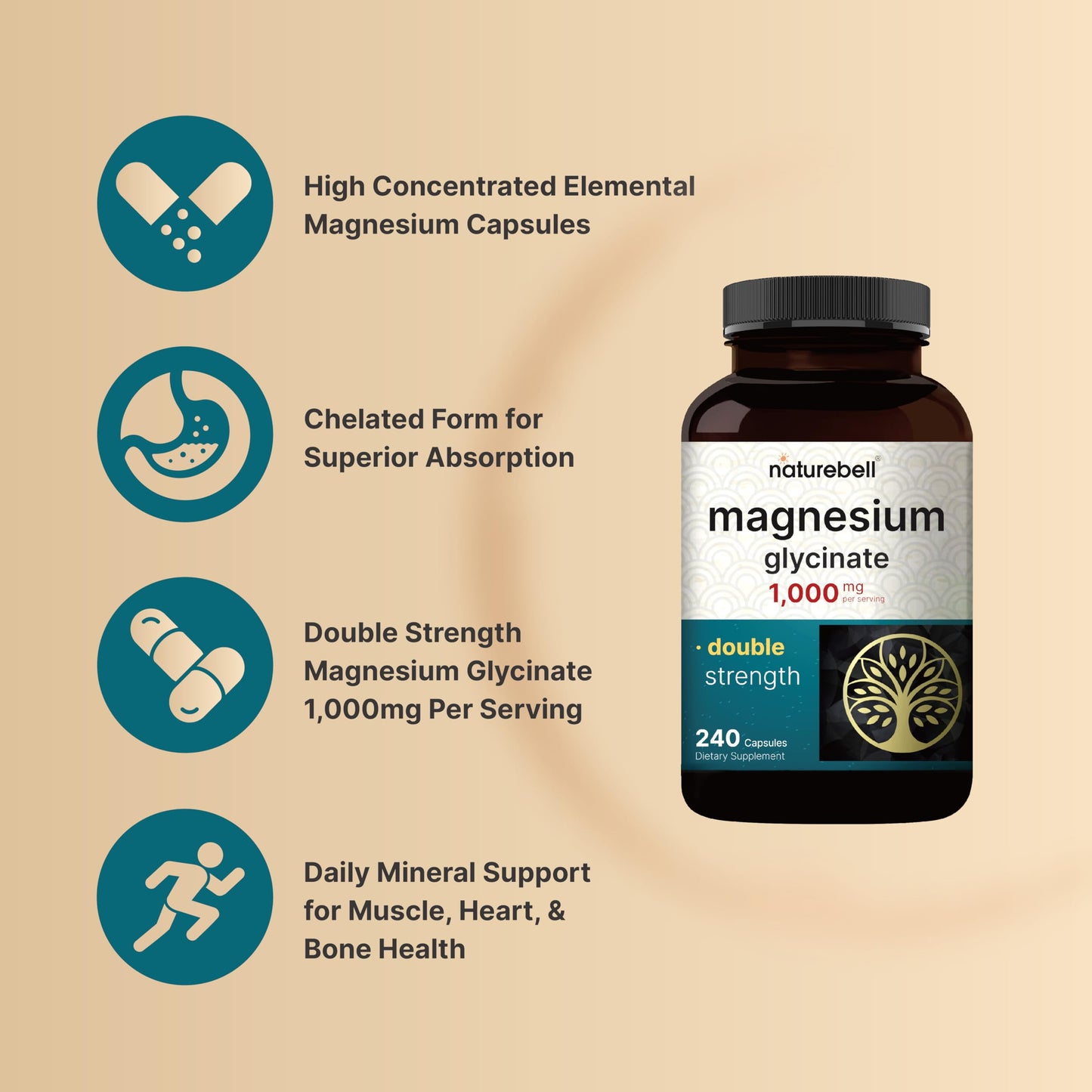 Magnesium Glycinate Supplement 1,000mg | 500mg Per Capsule, 240 Pills NatureBellBuy Supplements Australia